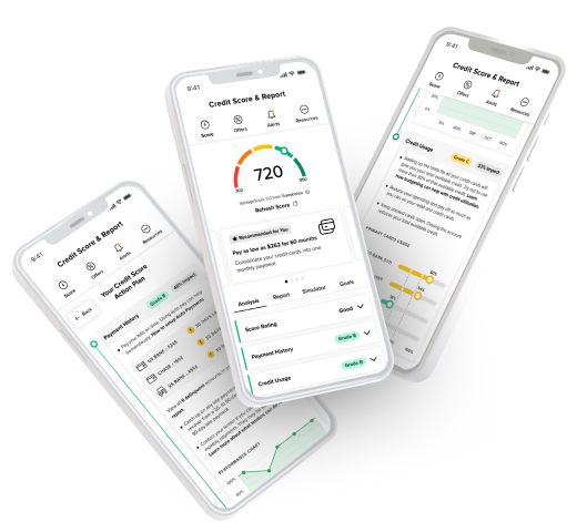 Three mobile phone screens showing AVB Bank’s credit score and report tool with score, analysis, and simulator features